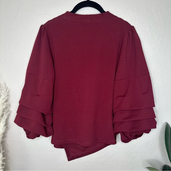 Burgundy 3/4 Ruched Balloon Sleeve, V Neck Blouse Shirt, size medium - Picture 6 of 11